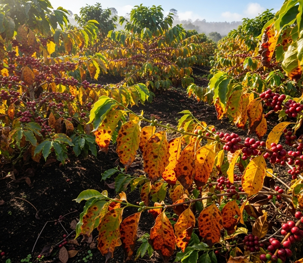 A sunny coffee plantation in Nariño, with rows of coffee plants showing yellowed leaves affected by leaf rust, alongside bright red, ripe coffee cherries.
