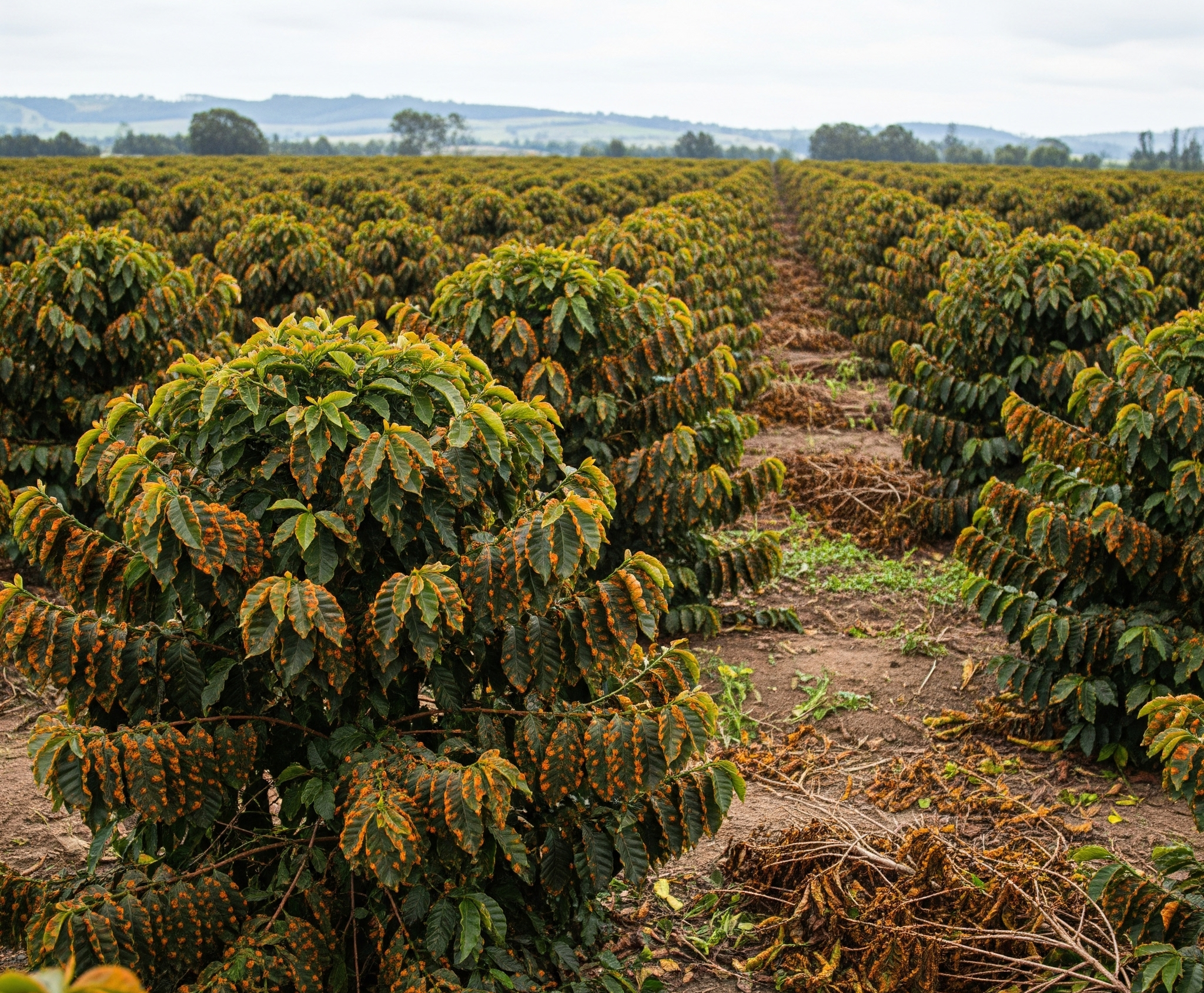 A wide view of a coffee plantation under an overcast sky, where rows of coffee plants show widespread signs of coffee leaf rust on their leaves.