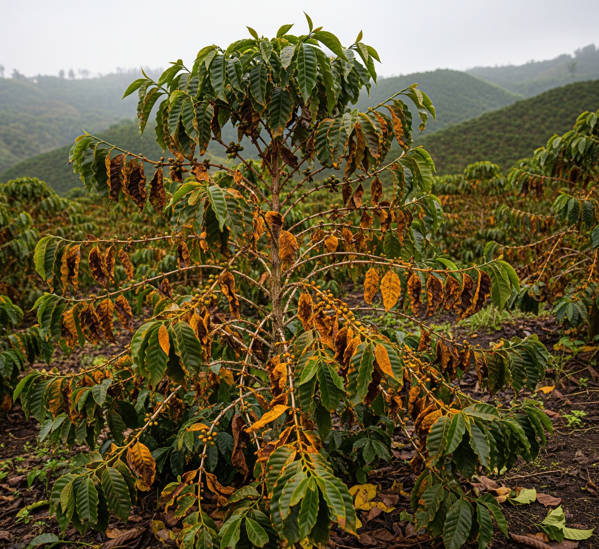 A single coffee tree standing in a plantation, showing significant damage from leaf rust, with many leaves withered, yellow, and dying on the branches.